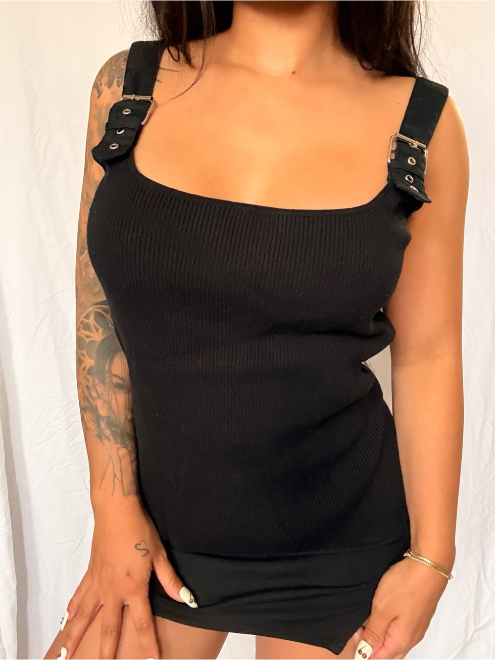 Black Ribbed Square-Neck Tank with Buckle Straps Cool girl goth vibes